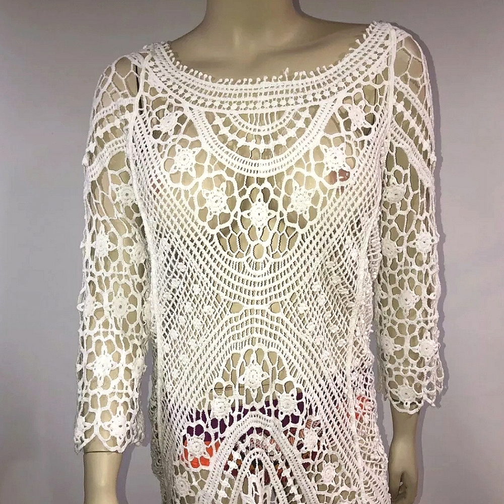 Vtg Crochet lace wht cotton cover up dress